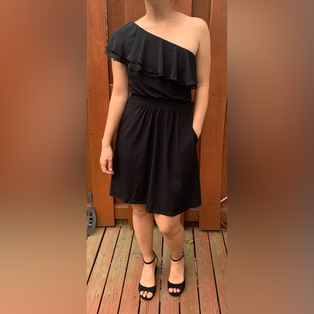 One Shoulder WHBM Black Dress with Pockets, Size 00